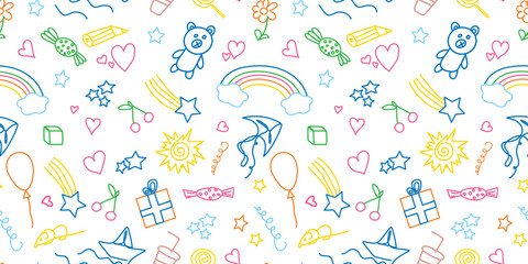 Seamless pattern of children's elements. Colorful funny doodle with kids drawings