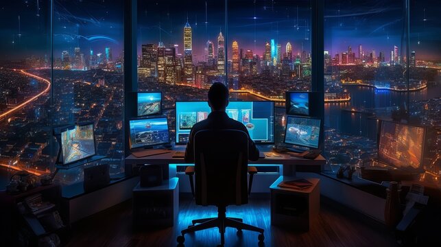 man writing in big sized room with computer desk