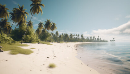 Idyllic tropical coastline palm trees, blue water, and relaxation generated by AI