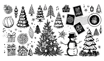 Christmas set in sketch style. Hand-drawn illustrations, line drawing black on white background 