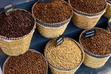 coffee beans in bags on the market