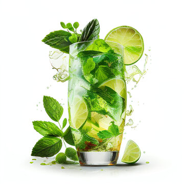 Mojito cocktail with mint leaves and ice cubes isolated on white background in png format studio close up minimalist packshot mode. AI Generative image