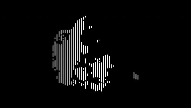 Map of Denmark consisting of white stripes on a black background. Three different versions of the country map.