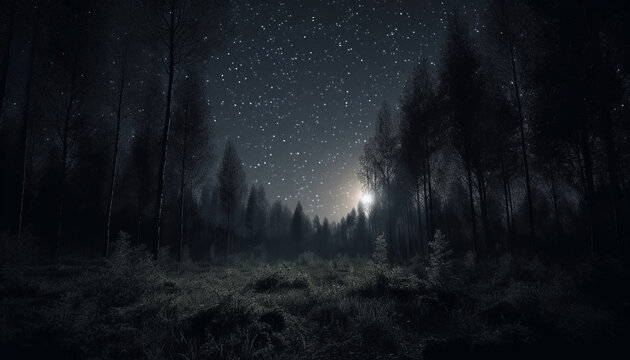 Silhouette of pine tree in spooky forest under starry sky generated by AI