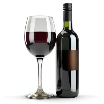 Red wine bottle and glass isolated on white background in png format studio close up minimalist packshot mode. AI Generative image