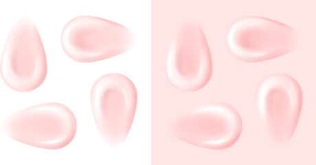 Pink cosmetic cream texture. Skincare lotion smear samples. Gel creme transparent swatches. Vector isolated realistic splash drops.