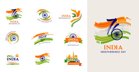 India Independence day banners, posters and greeting cards. 76 Year Anniversary Independence Day Logo
