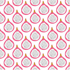 Dragonfruit pattern. Tropical exotic fruit. Half Pink Pitaya with sweet white flesh. Vegan low calorie food. Seamless print Dragon Fruit. Vector illustration