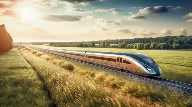 The high-speed train is driving at full speed in the countryside. AI-generated image