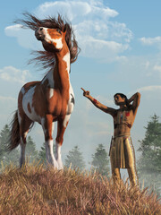 On a grassy hill in the American Wild West, a Native American admonishes a horse. The warrior holds his neck in pain and wags his finger at the pinto mustang, but the horse doesn't care. 3D Rendering
