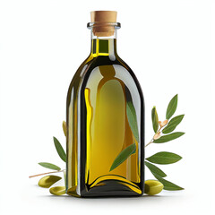 olive oil bottle with oliv leaves isolated on white background in png format studio close up minimalist packshot mode. AI Generative image