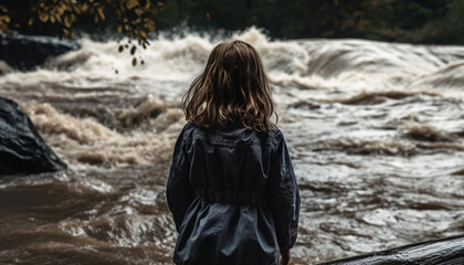 Young woman hiking in the wet forest, enjoying solitude and beauty generated by AI