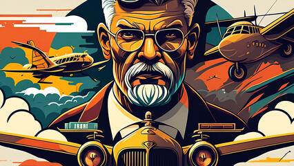 Illustration of a bearded man in a suit with glasses, mystery justice illustration, action scene illustration.