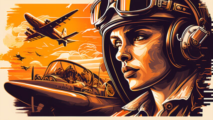 Illustration of a female aviator's face, airborne action scene illustration, aviation.