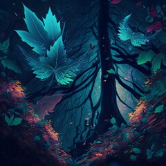 Leaves of trees in a magical fantasy forest  - obrazy, fototapety, plakaty