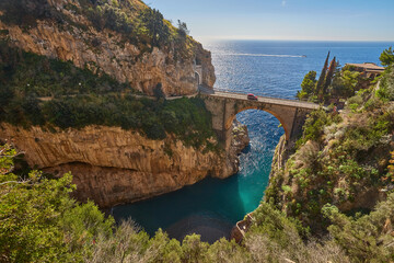 The arched bridge at Fiordo di Furore on the Amalfi coast, Italy - obrazy, fototapety, plakaty