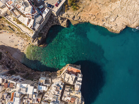 Polignano a Mare drone shot. Aerial view shot of Cala Paura in Puglia, Polignano.