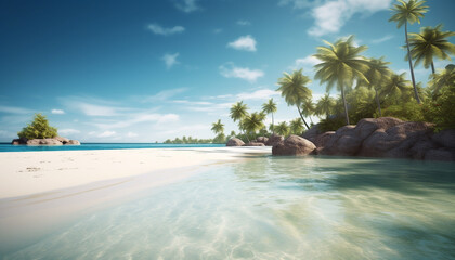 Tropical palm trees sway on tranquil turquoise waters edge generated by AI