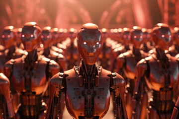Humanoid robots army or group of cyborgs in factory. Generative AI