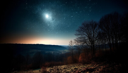 Fototapeta na wymiar Tranquil night sky illuminates star trail over mountain range silhouette generated by AI
