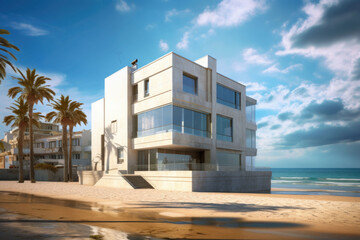 Modern beach house near the sea. Private residence on the beach. Generative AI