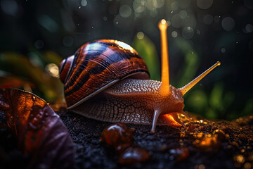 A slow grape snail crawls in the forest. Bokeh in the background. Generative AI