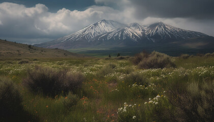 Fototapeta premium Majestic mountain range, tranquil meadow, wildflower beauty in nature generated by AI