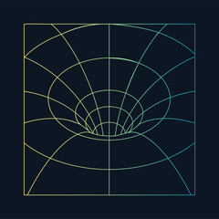 Distorted and warped neon laser grid on dark background. Retrowave, synthwave, rave, vaporwave.Trendy retro 1980s, 90s style