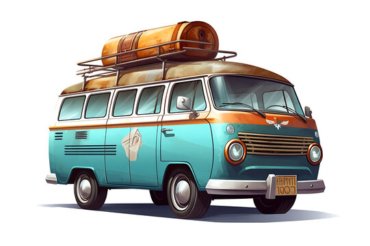 An Old Van With A Surfboard On Top And A Car Attached To It Generated By AI