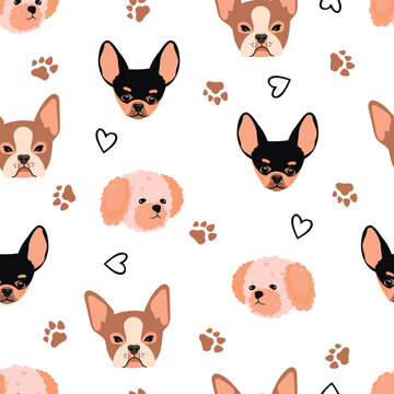Dog heads and paw print seamless pattern.Cute pet breeds Chihuahua, Boston Terrier and French Bolonka.Colorful animal background with doodle element.Endless wallpaper.Vector flat illustration on white