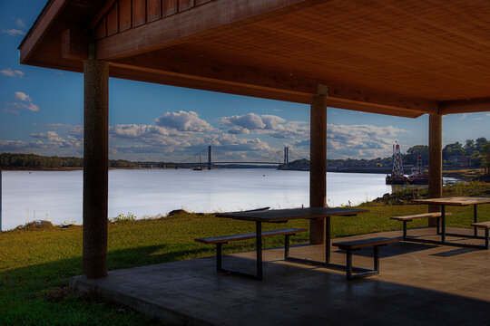 Smooth Mississippi.  The Mississippi River from a pavilion in  the Red Star Landing in Cape Girardeau, Missouri 