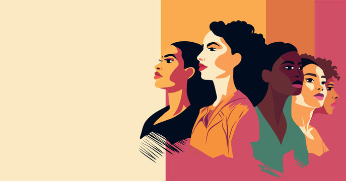 Naklejka Vector creative banner place for text International Women's Day women of different cultures and nationalities stand side by side together. the concept of the movement for gender equality and the empow