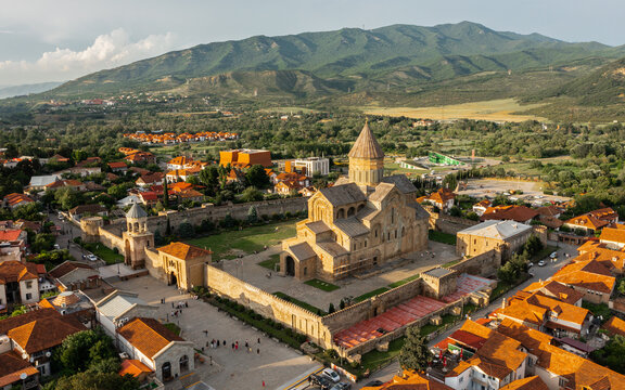 Aerial view of Svetitskhoveli Cathedral in Mtskheta