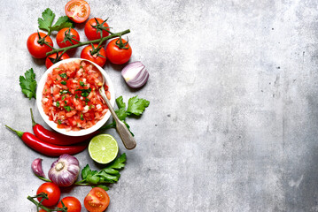 Tomato salsa (salsa roja) - traditional mexican sauce  with ingredients for making .Top view with copy space. - obrazy, fototapety, plakaty