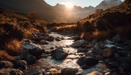 Fototapeta na wymiar Majestic mountain peak, tranquil scene, flowing water, beauty in nature generated by AI