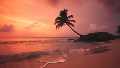Idyllic tropical coastline, tranquil waters edge, palm tree silhouette at sunset generated by AI