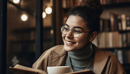 Young woman smiling while reading book and drinking coffee indoors generated by AI