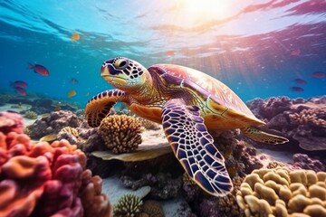 Fototapeta na wymiar Beautiful turtle under sea water. AI generated, human enhanced.