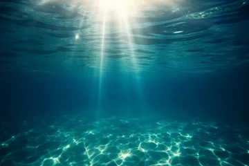 Poster Transparent water, underwater sea background. Mockup or backdrop with sunbeams under water. AI generated, human enhanced © top images