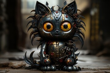 Crazy black cat in steampunk style. The concept of superstition. AI generated, human enhanced