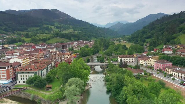 Flight over Roman Bridge in Cangas De Onis, Spain