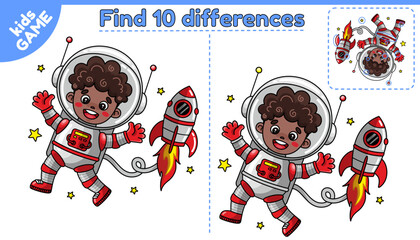 Educational game for kids. Find 10 differences. Cartoon astronaut boy afro american with spacecraft in space. Puzzle for children. Worksheet for preschool and school education. Vector illustration. © Alyona-Simona