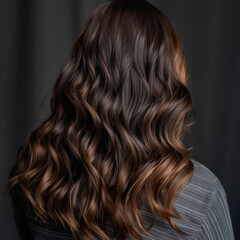 Naklejka premium young woman with dark and curly hair .back view. Banner or poster. Social media content for beauty salons. Generative AI