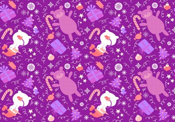 Christmas cartoon seamless bears and snowman and gift box and candy pattern for wrapping paper and fabrics