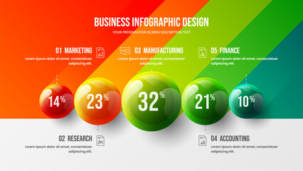 Business 5 options infographic presentation vector colorful balls illustration. Corporate marketing analytics data report design layout. Company statistics information graphic visualization template. - obrazy, fototapety, plakaty
