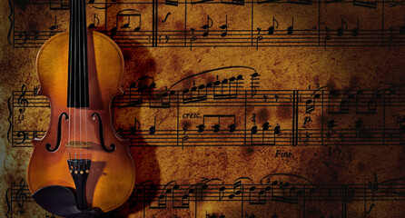 Fototapeta na wymiar Violin on music sheet background. Classical music instrument