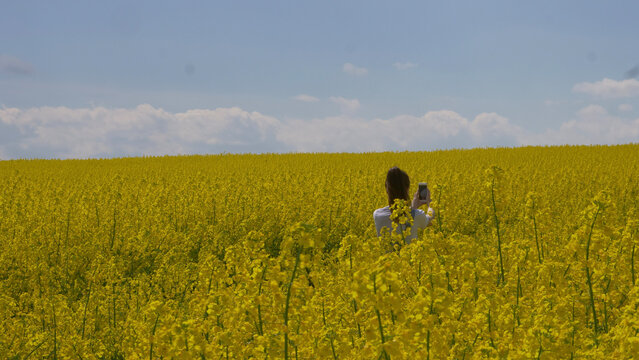 women take a picure in a rape canola field