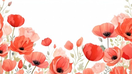 Poppy flowers watercolor border. Illustration AI Generative.