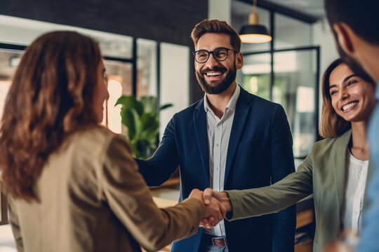 Couple shaking hands to seal a deal in an office