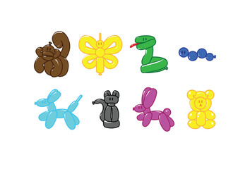 Balloon Animals Twisted Into Happy, Colorful Sculptures Including snake, monkey, Butterfly, Worm, Dog, Cat, Rabbit, And Bear, 